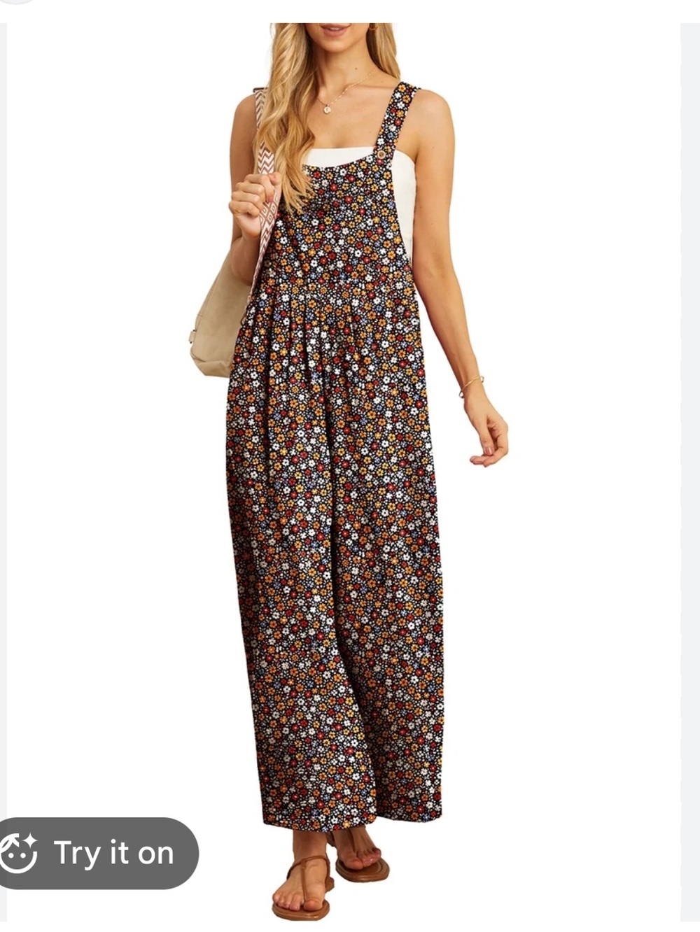 Cueply Black Floral Wide-Leg Jumpsuit with Multicolor Daisies